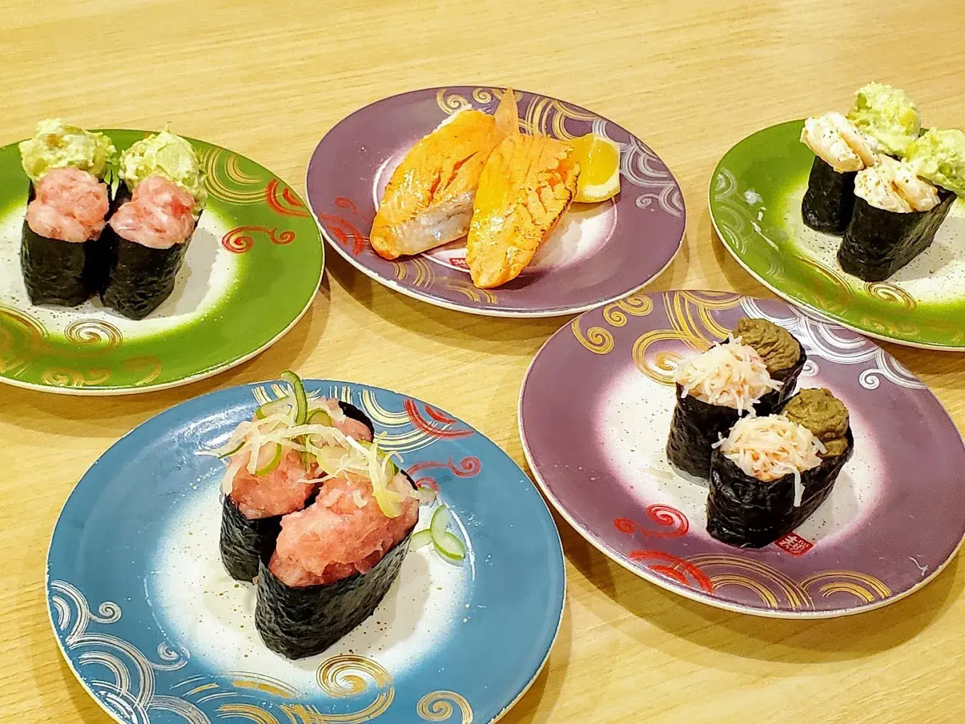 Assortment of sushi from Kaiten Sushi Toriton in Tokyo, Japan.