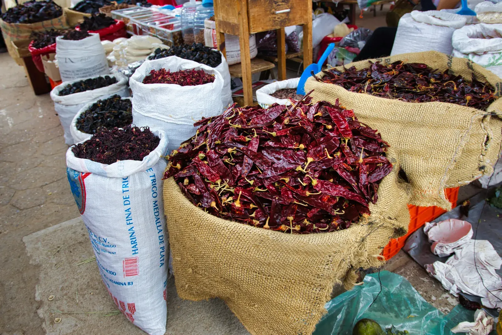 Assorted dried Mexican chili peppers in a market stall