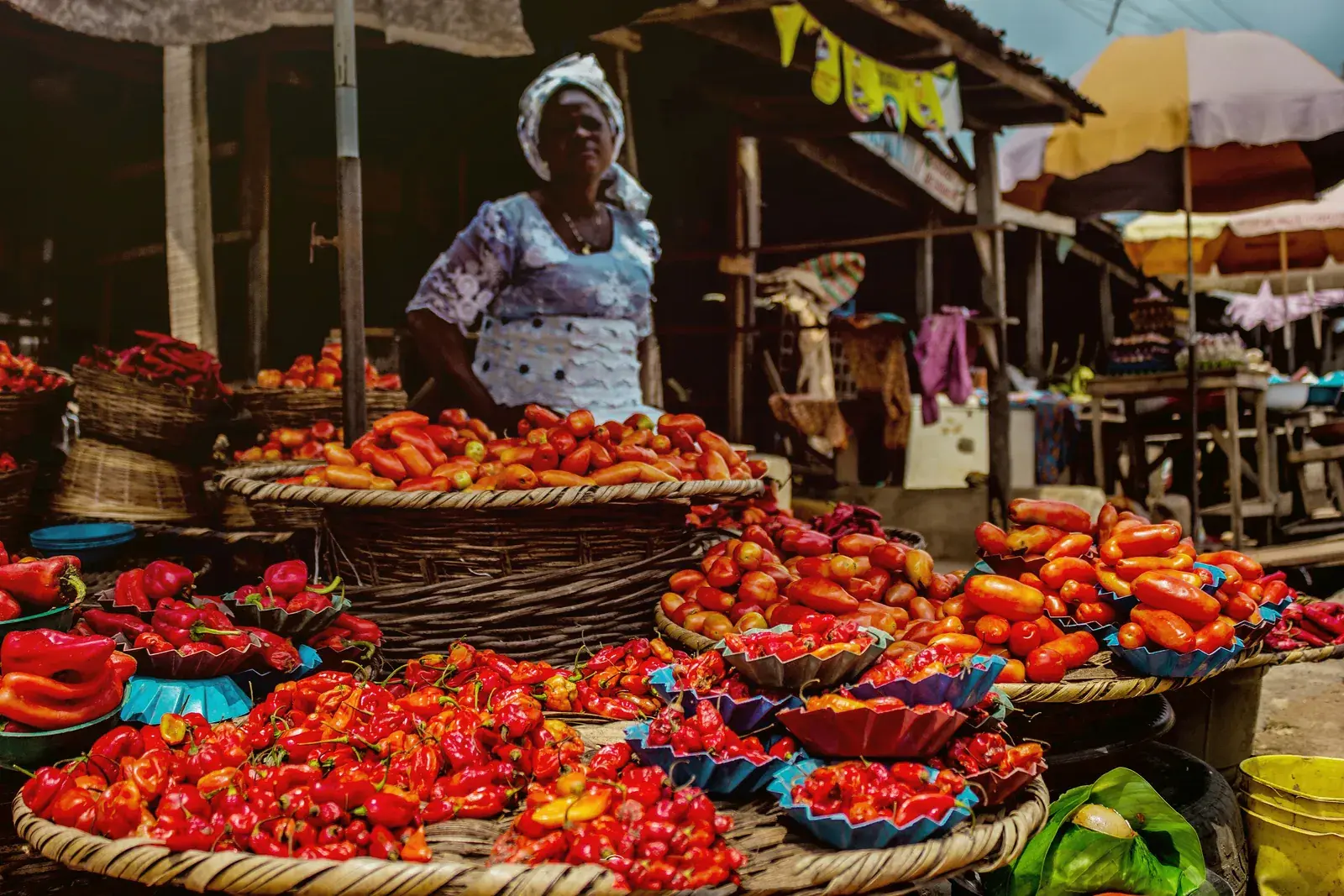 A variety of chilis at a marketing in Nigeria