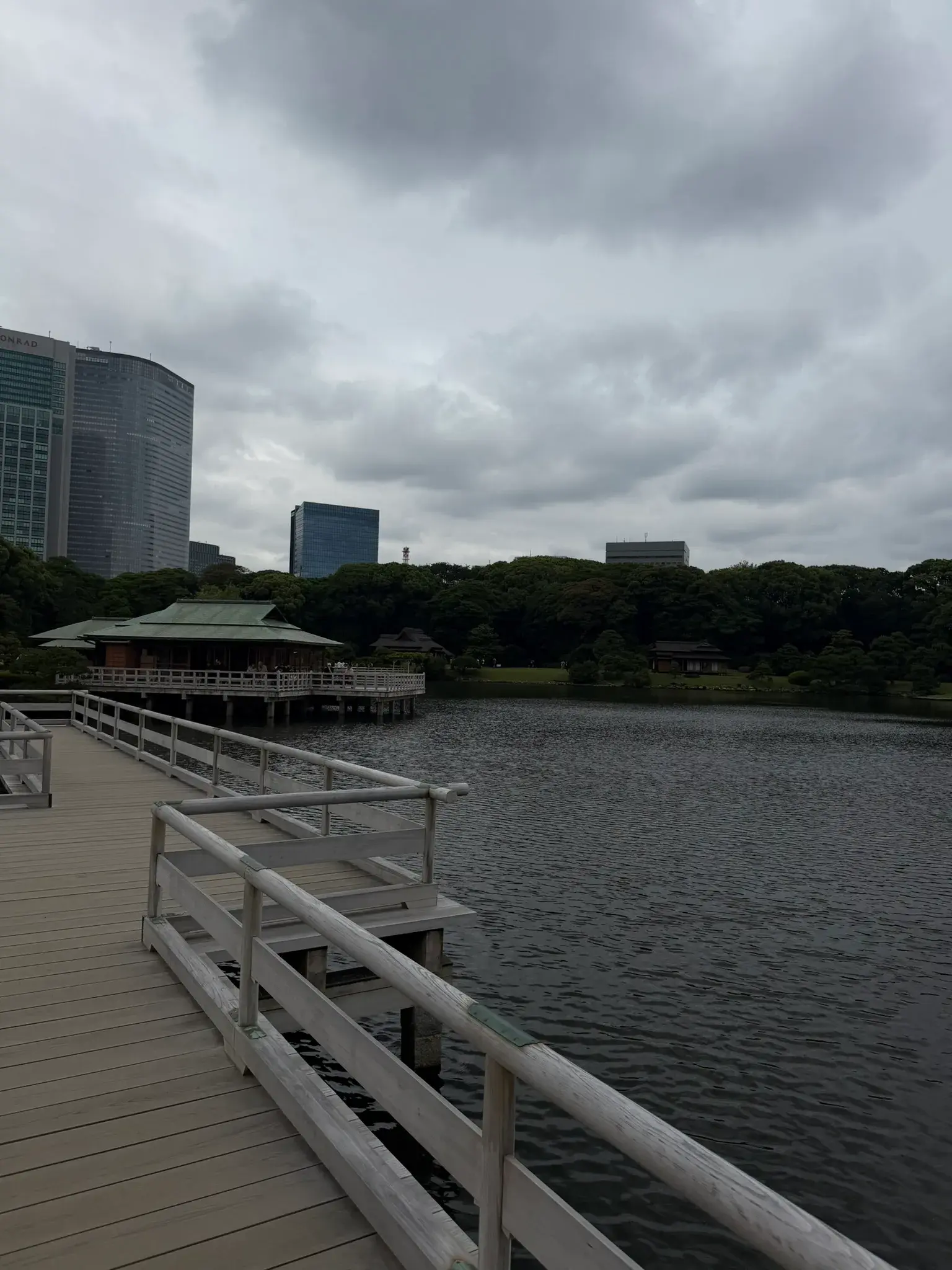 Beautiful garden with a pond and greenery at Hamarikyu Gardens in Tokyo