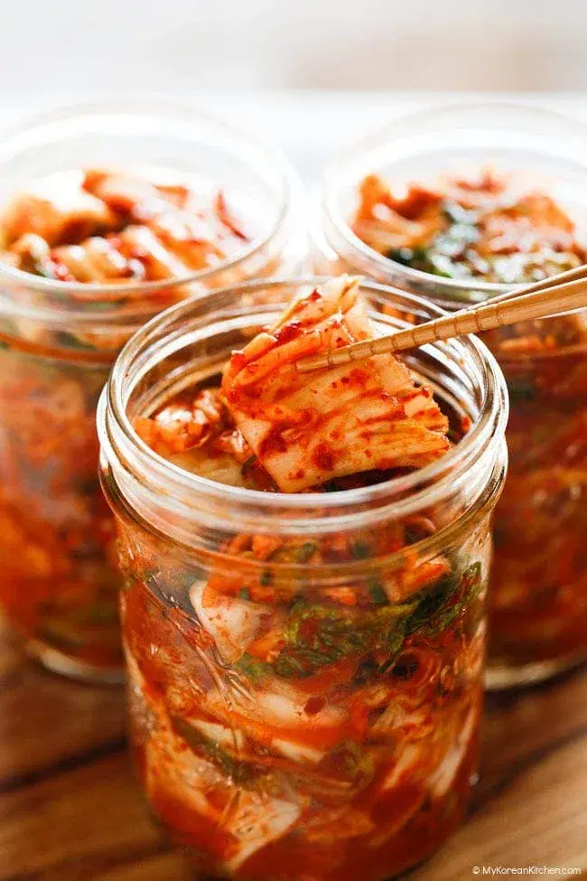 Close up of spicy fermented napa cabbage kimchi